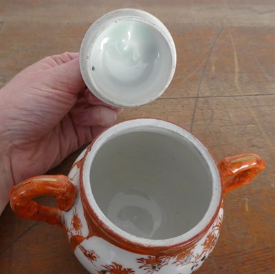 Lot 286 - Two trays of ceramics etc including a Japanese Kutani tea set, Japanese red ground porcelain...