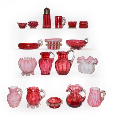 Lot 288 - A tray of mainly Victorian cranberry glass, including a sugar caster and various jugs etc (one...
