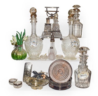 Lot 289 - A tray of glassware and silver plated items, including a pair of Georgian decanters, silver...