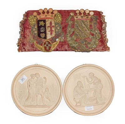 Lot 291 - Pair of Ipsen Copenhagen terracotta roundels, a velvet cushion and two embroidered armorial
