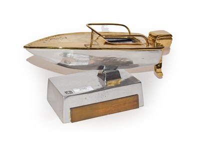 Lot 295 - David Marshall (b.1942) contemporary brass and chromed sculpture of a speedboat on plinth, monogram