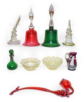 Lot 297 - A tray of mainly Victorian glass including cranberry and emerald bells, Vaseline dishes,...