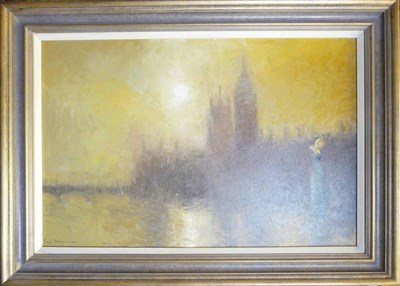 Lot 980 - Paul Brown (b.1967)  "Dusk Parliament" Signed, oil on canvas, 50cm by 73cm, within a modern...