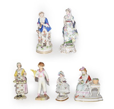 Lot 328 - A Meissen style porcelain figure of a flower seller, marked R1762 together with other...