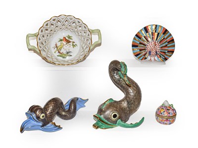 Lot 337 - Two Herend porcelain dolphins, 15cm high and 20cm long, a basket, a peacock model and a trinket box