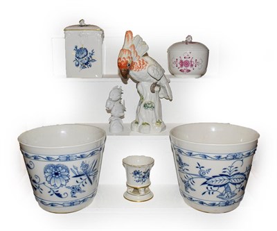 Lot 338 - Meissen cockatoo on rock work base and various 20th century Meissen useful wares (one tray)