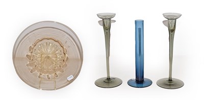 Lot 353 - Vernini signed glass dish, pair of 1960s glass candlesticks, 1960s sleeve vase