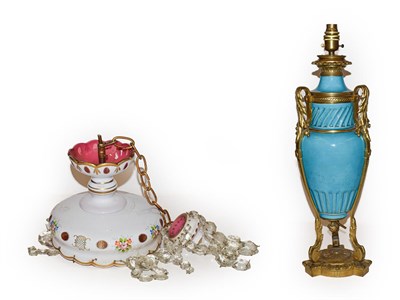 Lot 356 - A 19th century Sevres style turquoise glazed and gilt bronze mounted oil lamp converted to a...