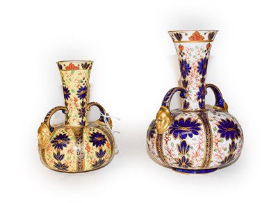 Lot 370 - A Royal Crown Derby Imari twin-handled vase, 19cm together with a smaller example on a yellow...