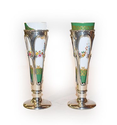 Lot 376 - A pair of silver mounted Royal Worcester spill vases, shape no 2345, pure marks the silver...