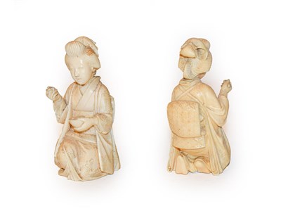Lot 380 - Japanese Meji period carved ivory Okimono of Bejin kneeling down holding a bowl, 11cm