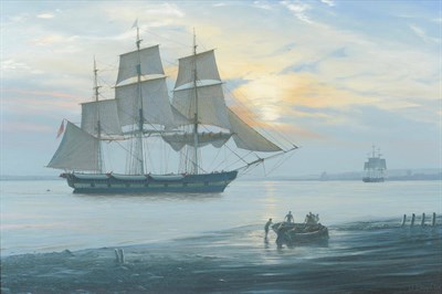 Lot 987 - John Steven Dews (b.1949)  Schooner in a calm estuary at twilight Signed, oil on canvas, 62cm...