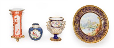 Lot 389 - A Minton cabinet plate painted with a titled view of Windsor Castle, two Copeland vases and a Royal