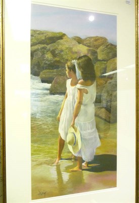 Lot 988 - Alvarez Gomez Domingo (b.1942) Spanish Two girls on a beach Signed, pastel, 77cm by 38cm, in a...