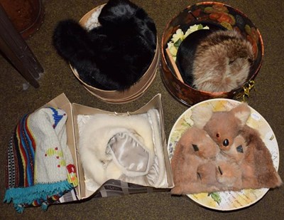 Lot 407 - Hat boxes containing fur hats and stoles etc, together with a leather stick stand