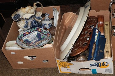 Lot 408 - Two boxes of ceramics and metalwares etc. including Victorian printed meat dish, Royal...