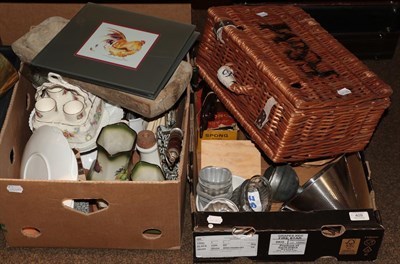 Lot 409 - Two boxes of assorted kitchenalia including, pottery egg stand, various tin moulds, mincers and...