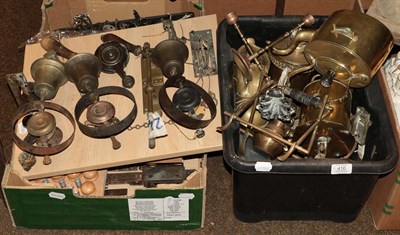 Lot 410 - Two boxes of metalwares including, Victorian door bells, brass spit jack, assorted 19th century...