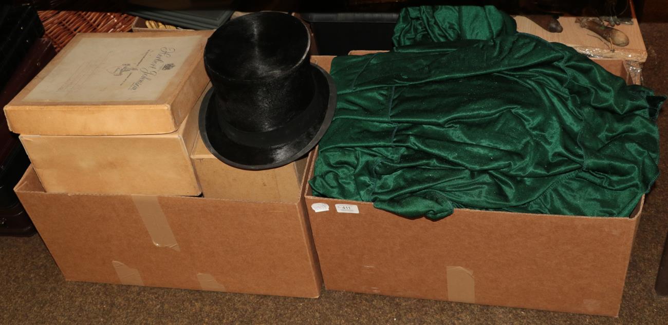 Lot 411 - Black silk top hat, bowler hats, card hat boxes, and a modern green velvet cover (two boxes)