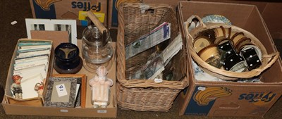 Lot 414 - Two boxes of assorted including baskets, Victorian printed pottery, glass bull's-eyes,...