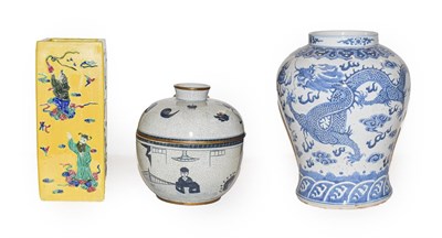 Lot 431 - A Chinese blue and white jar painted with dragons, a south east Asian bowl and cover, and a Chinese