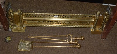 Lot 436 - Set of fire irons and a decorative brass fender