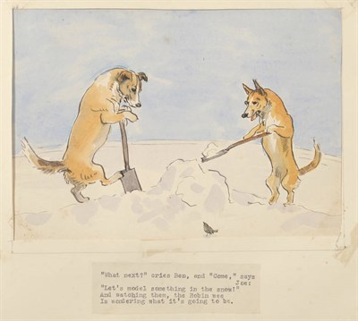 Lot 992 - Aline R Ellis (1886-1971)  "The Snow Dog" a sketchbook work, watercolour, pen and ink; Etchings...