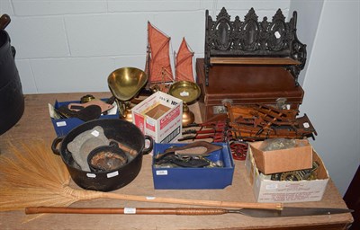 Lot 438 - Assorted metalwares etc to include, a miniature bench, cast iron kitchen scales, leather vanity...