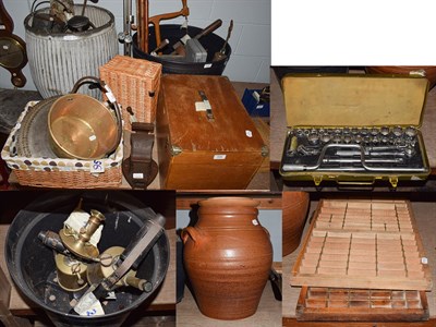 Lot 439 - A large quantity of assorted metalwares and tools including dolly tub, frame saws, saw blades,...