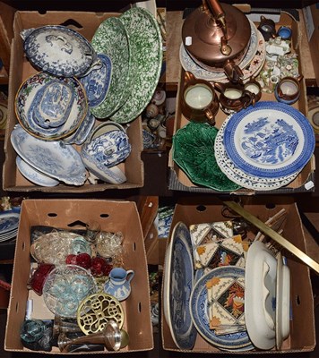 Lot 440 - Large assorted lot Victorian pottery, tiles and metal wares including Willow pattern meat...