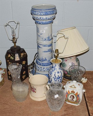 Lot 443 - A Japanese Arita blue and white jardiniere stand, 64cm, three decorative table lamps, one formed as