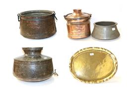 Lot 448 - Four far Eastern metal vessels, together with a German Arts & Crafts hammered brass serving...