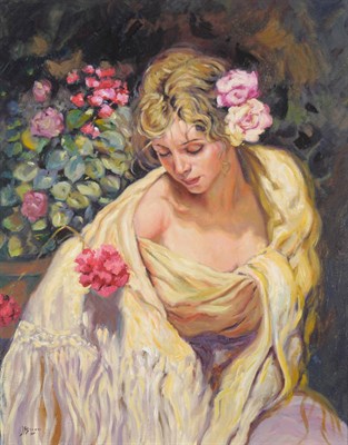 Lot 995 - Jose L Giner (20th/21st century) Spanish "The Yellow Shawl" Signed, 79cm by 62cm