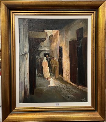 Lot 1108 - (Contemporary) Moresque scene with figures in an alleyway, oil on canvas, indistinctly signed,...