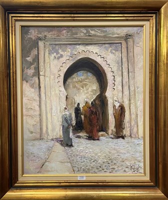 Lot 1109 - (Contemporary) Moresque scene with figures under an archway, oil on canvas, indistinctly signed and