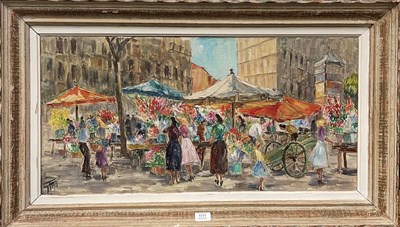Lot 1111 - European school (20th/21st century) flower market in a city, indistinctly signed oil on canvas,...
