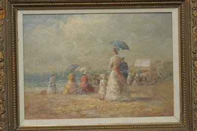 Lot 996 - Circle of John Strickland Goodall (20th century) Beach scene with ladies holding parasols Oil...