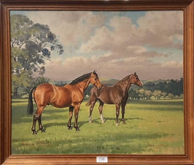 Lot 1130 - Morris Tullock (20th century), ''Perc and Olga'' Horses standing in a landscape. Signed...