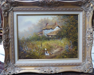 Lot 1139 - Les Parson children before a country cottage, 30cm by 40cm, together with a further landscape...