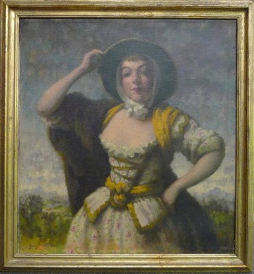 Lot 999 - Orlando Greenwood RBA (1892-1989) Girl standing in a landscape wearing a cream and yellow dress...