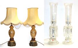 Lot 1230 - A pair of satin glass table lamps with gilt decoration and raised on pierced brass plinths,...
