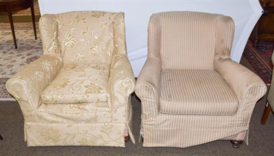 Lot 1235 - Two Victorian upholstered wing back armchairs on castors (2)