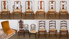 Lot 1236 - A set of six Queen Anne style walnut dining chairs, including one carver chair together with a pair