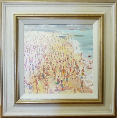 Lot 1009 - Peter Knox (b.1942)  "Busy Beach" Signed, oil on panel, 34cm by 34cm