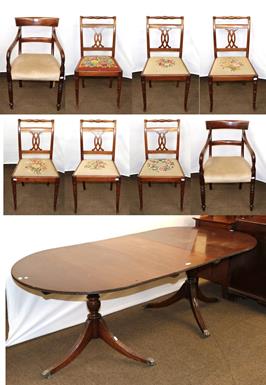 Lot 1284 - A Regency style twin-pedestal dining table, 208cm long by 98cm wide, with eight 19th century...