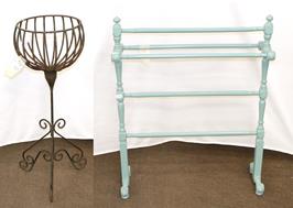 Lot 1309 - A painted Victorian towel rail together with a metal pedestal plant stand of basket form (2)