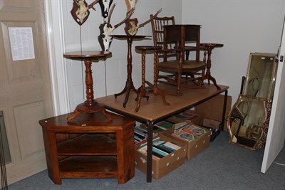 Lot 1328 - Eight pieces of occasional furniture including an oak work table, five centre pedestal tables,...