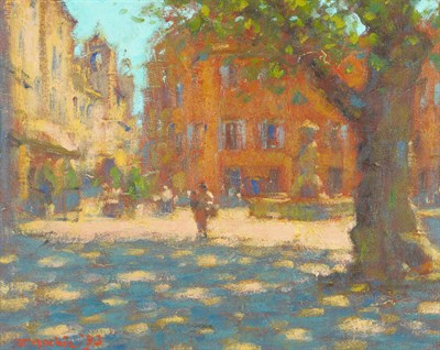 Lot 1019 - John Mackie (b.1955)  Sunlit square with figures in a Mediterranean town Signed and...