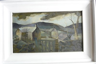 Lot 1020 - Terry McGlynn (1903-1973)  Farm buildings with a dry stone wall Signed, oil on board, 36cm by 63cm