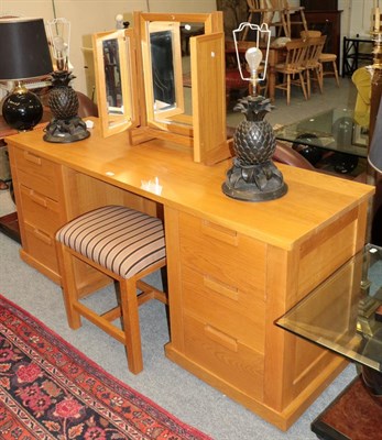 Lot 1382 - Oak dressing table together with a triptych mirror and a dressing table stool (3)